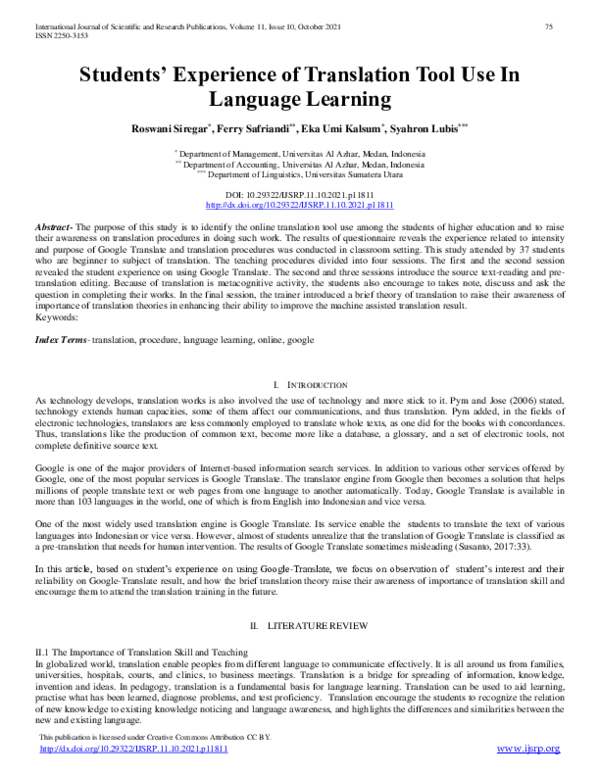 First page of “Students’ Experience of Translation Tool Use In Language Learning”