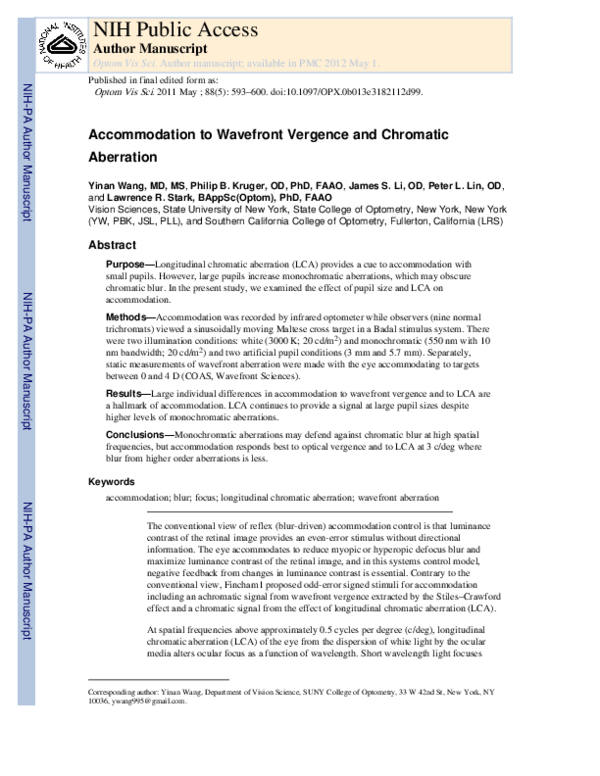 First page of “Accommodation to Wavefront Vergence and Chromatic Aberration”