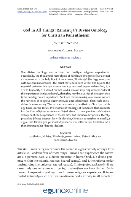 First page of “God in All Things: Rāmānuja's Divine Ontology for Christian Panentheism”