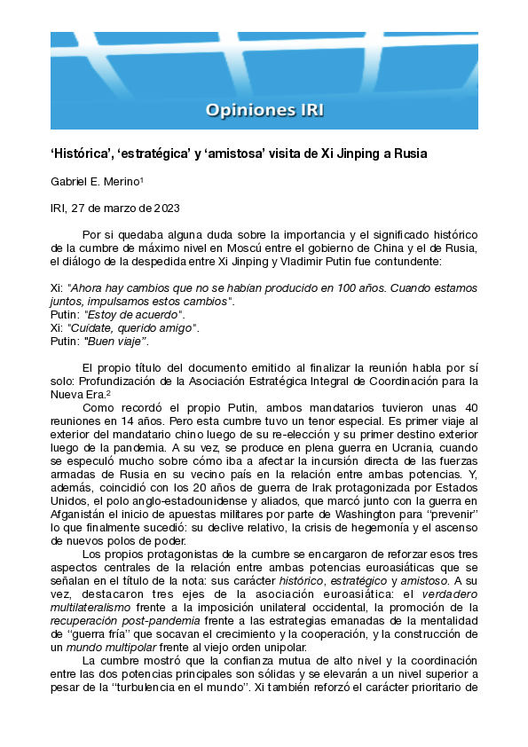 First page of “'Histórica', 'estratégica' y 'amistosa' visita de Xi Jinping a Rusia”