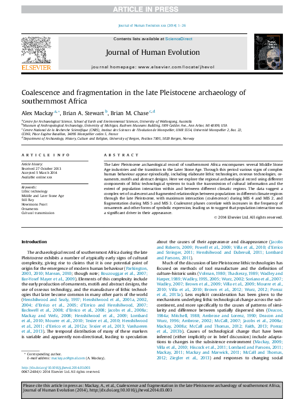 First page of “Coalescence and fragmentation in the late Pleistocene archaeology of southernmost Africa”