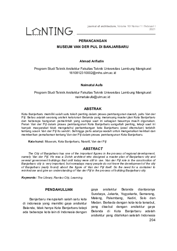 First page of “Perancangan Museum Van Der Pijl DI Banjarbaru”