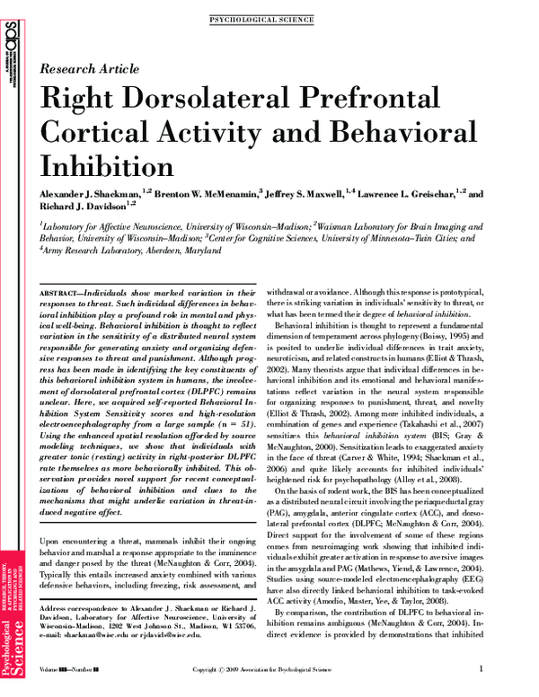 First page of “Right dorsolateral prefrontal cortical activity and behavioral inhibition. ”