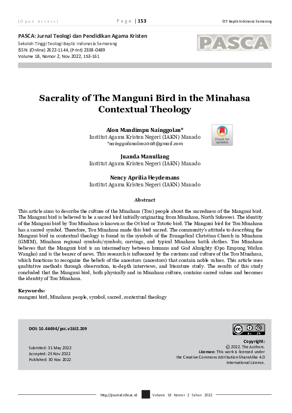 First page of “Sakralitas Burung Manguni Dalam Teologi Kontekstual Orang (Tou) Minahasa”