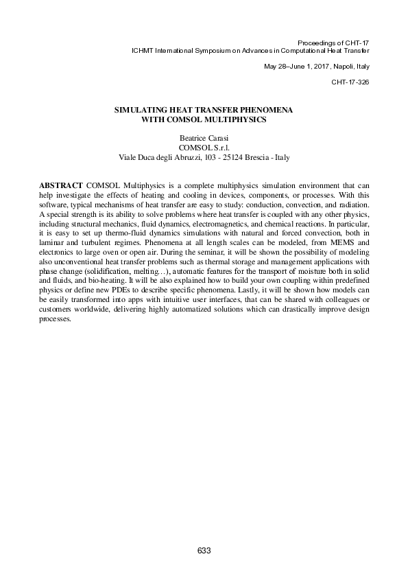 First page of “Simulating Heat Transfer Phenomena with Comsol Multiphysics”