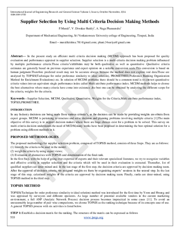 First page of “Supplier Selection by Using Multi Criteria Decision Making Methods”