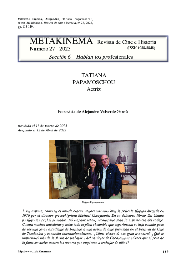 First page of “Entrevista a Tatiana Papamoschou, actriz.”