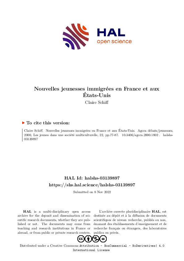 First page of “Nouvelles jeunesses immigrées en France et aux États-Unis”