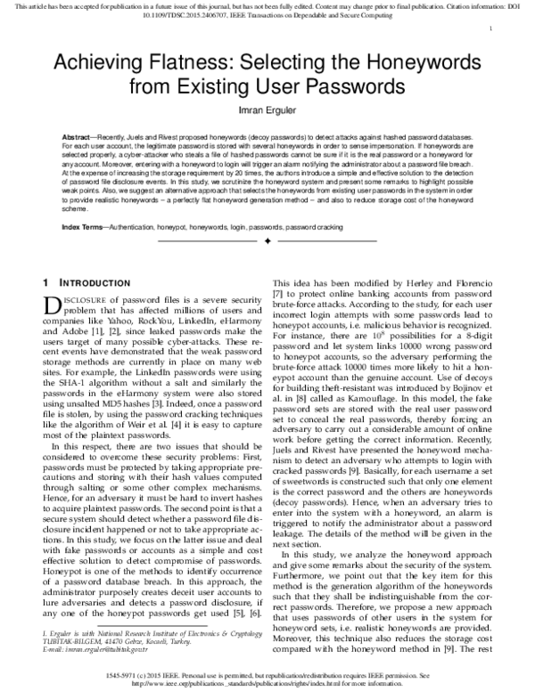 First page of “Achieving Flatness: Selecting the Honeywords from Existing User Passwords”