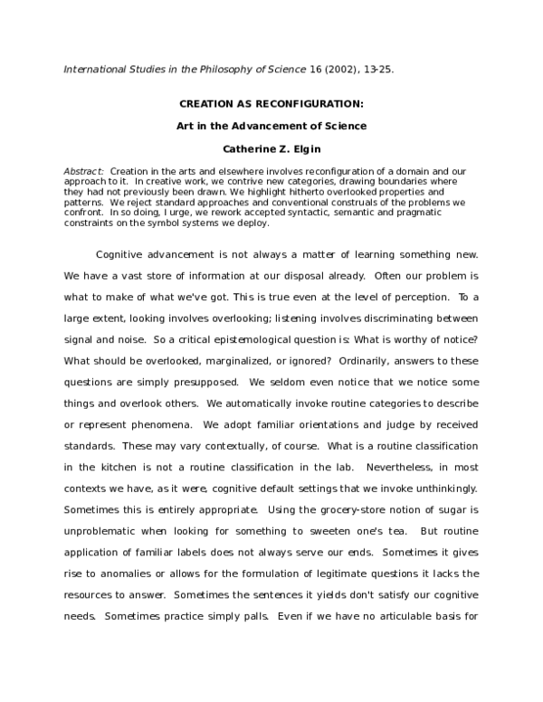 First page of “Creation as reconfiguration: Art in the advancement of science”