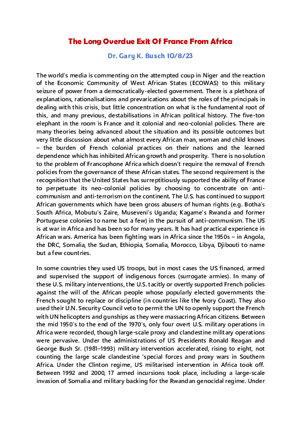 First page of “The Long Overdue Exit Of France From Africa”