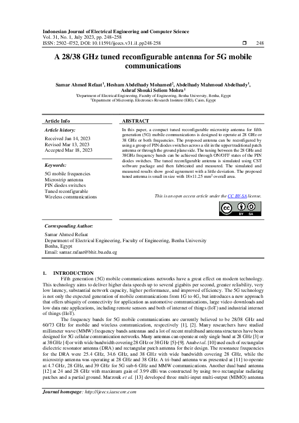 First page of “A 28/38 GHz tuned reconfigurable antenna for 5G mobile communications”