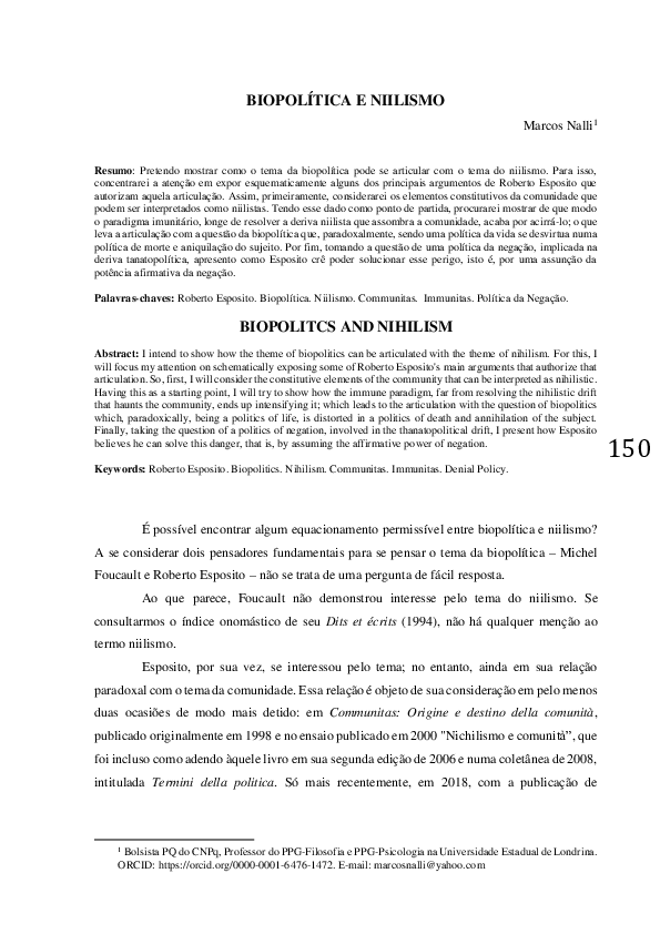 First page of “Biopolítica e Niilismo”