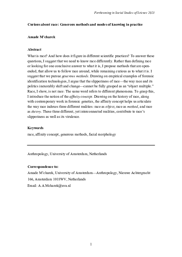 First page of “Curious about race: Generous methods and modes of knowing in practice”