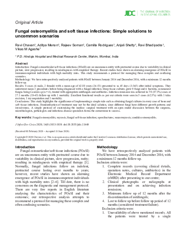 First page of “Fungal osteomyelitis and soft tissue infections: Simple solutions to uncommon scenarios”