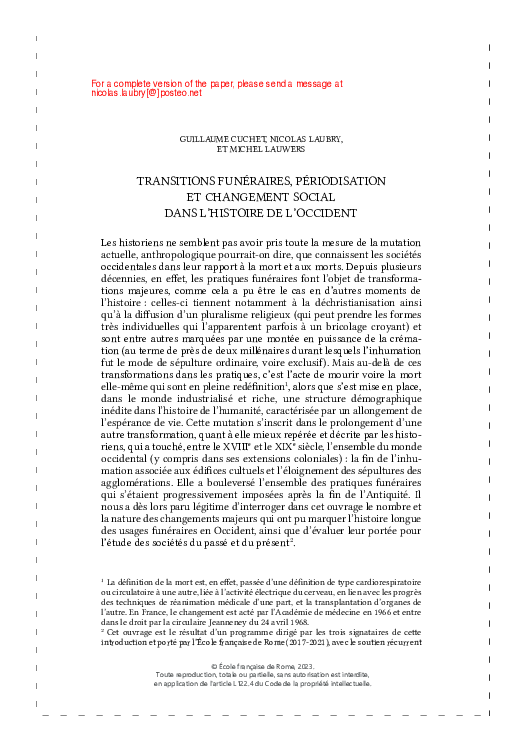 First page of “Transitions funéraires, périodisations et changement social dans l'histoire de l'Occident”