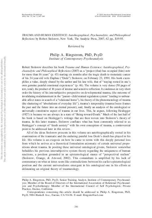 First page of “Review of Trauma and human existence: Autobiographical, psychoanalytic, and philosophical reflections”