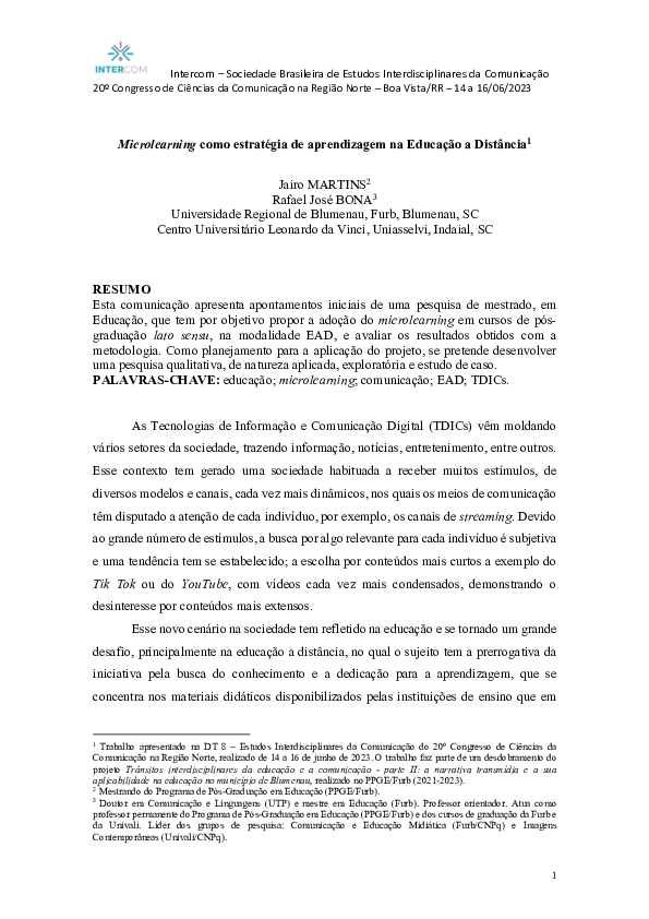 First page of “Microlearning como estratégia de aprendizagem na Educação a Distância”