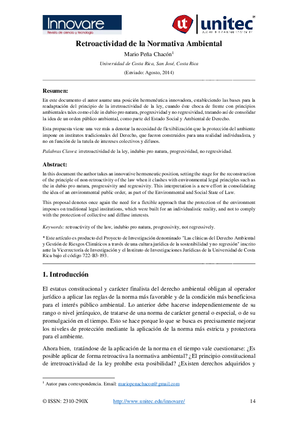 First page of “Retroactividad de la Normativa Ambiental”