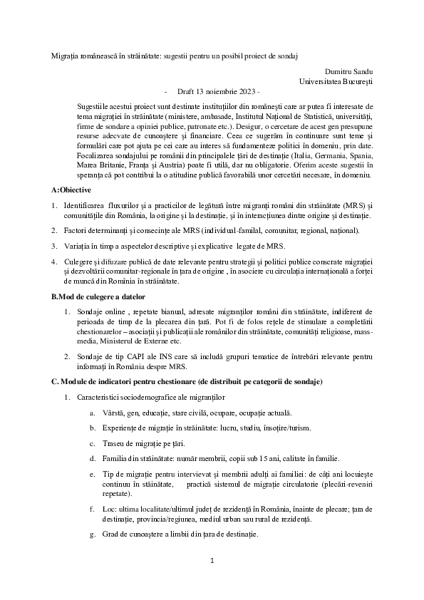 First page of “Migrația românească în străinătate: sugestii pentru un posibil proiect de sondaj”