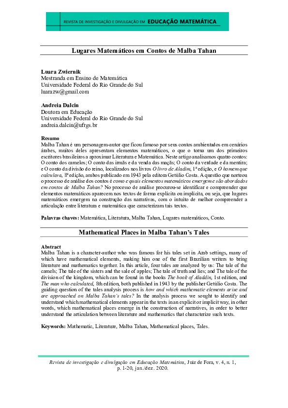 First page of “Lugares Matemáticos em Contos de Malba Tahan”