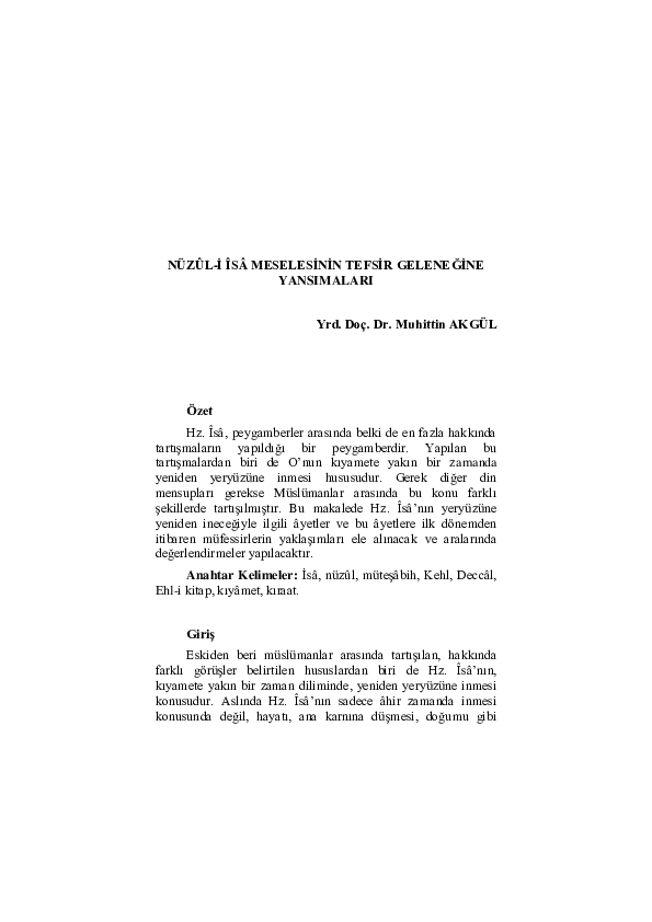 First page of “Nüzûl-İ Îsâ Meselesi̇ni̇n Tefsi̇r Geleneği̇ne Yansimalari”