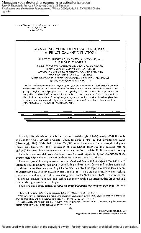 First page of “Managing Your Doctoral Program: A Practical Orientation”