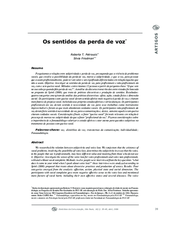 First page of “Os sentidos da perda de voz”