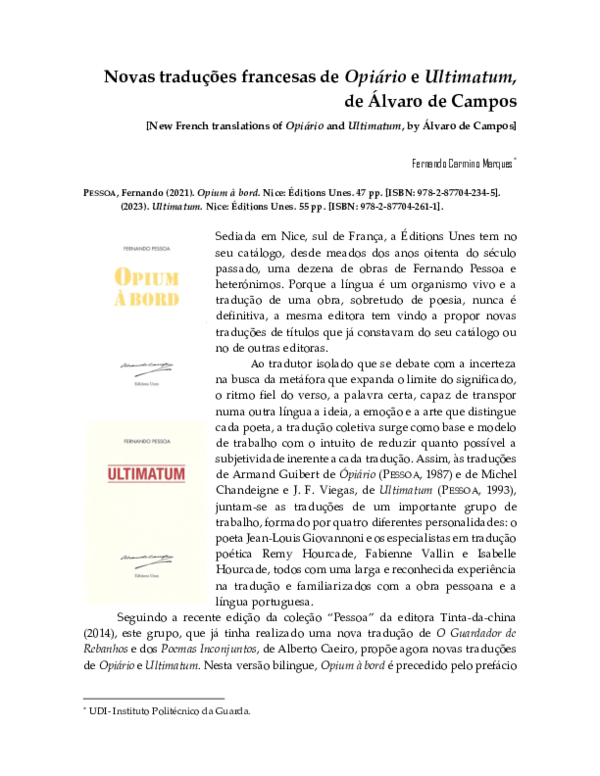 First page of “Novas traduções francesas de Opiário e Ultimatum, de Álvaro de Campos”