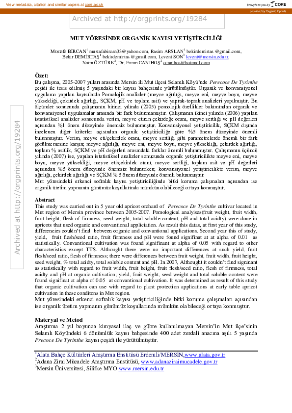 First page of “Mut Yöresinde Organik Kayısı Yetiştirciliği”