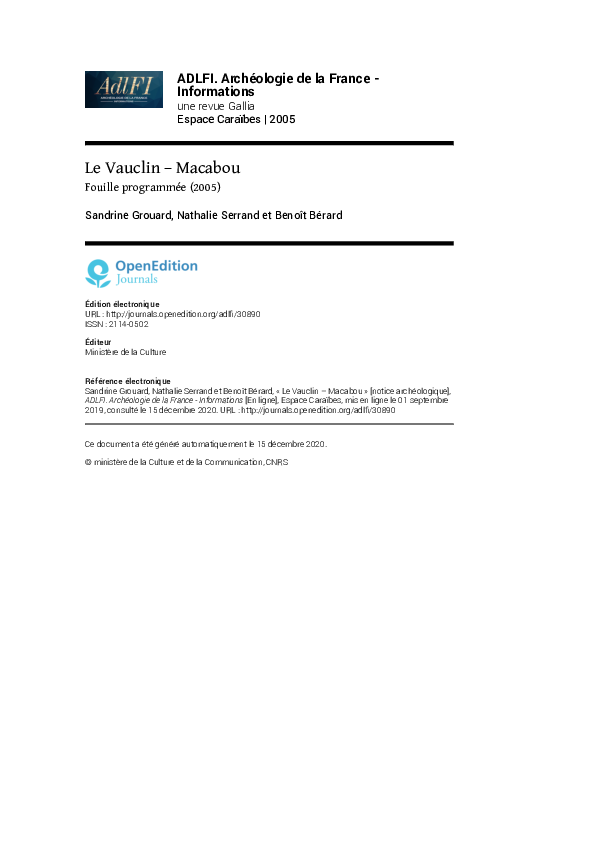 First page of “Le Vauclin – Macabou. Fouille programmée (2005)”