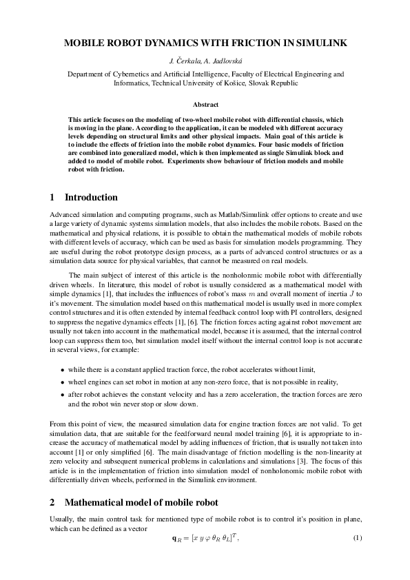 First page of “Mobile Robot Dynamics with Friction in Simulink”