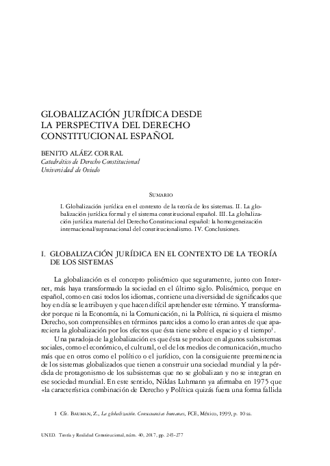 First page of “Globalización jurídica desde la perspectiva del Derecho constitucional español”