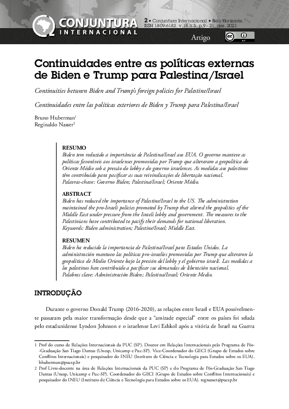 First page of “Continuidades entre as políticas externas de Biden e Trump para Palestina”