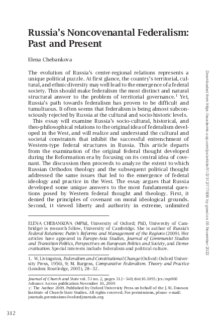 First page of “Russia's Noncovenantal Federalism: Past and Present”