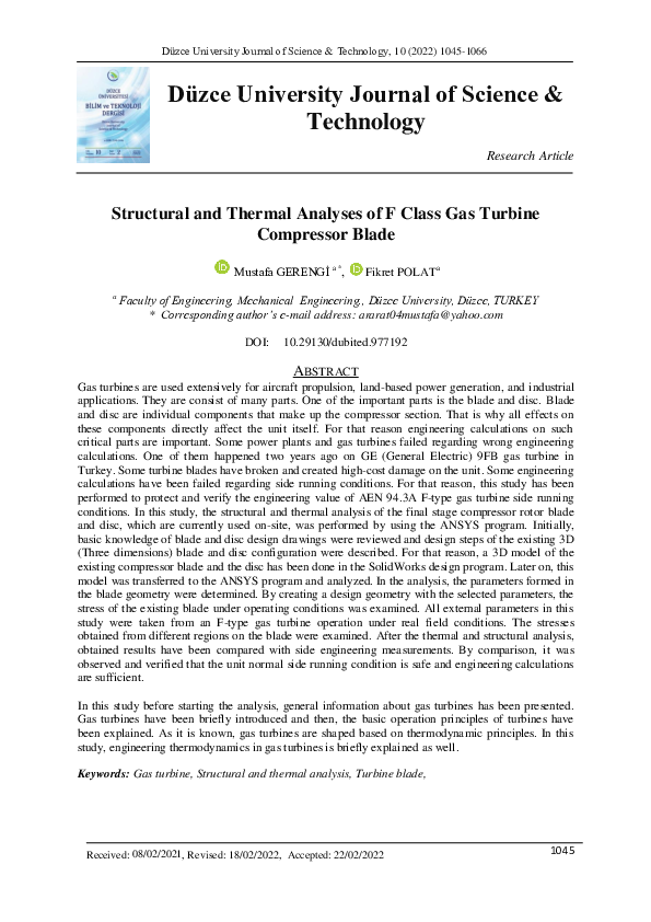 First page of “Structural and Thermal Analysis of F Class Gas Turbine Compressor Blade”