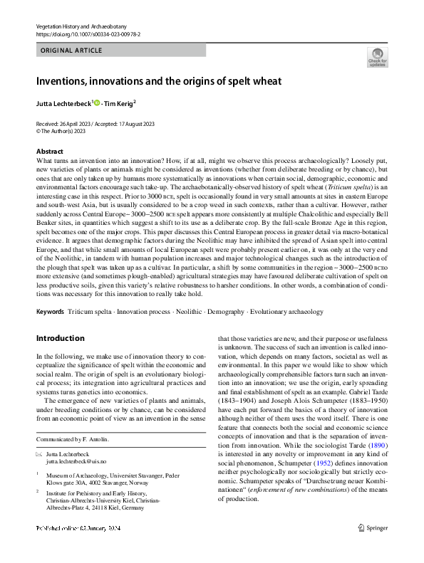 First page of “Inventions, innovations and the origins of spelt wheat”