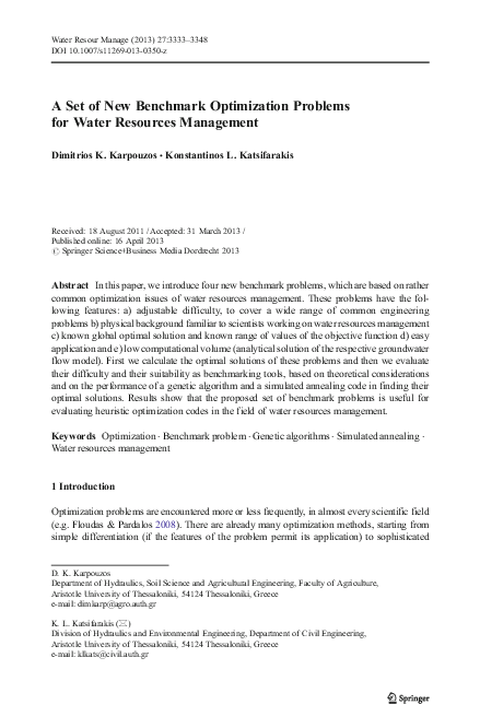 First page of “A Set of New Benchmark Optimization Problems for Water Resources Management”