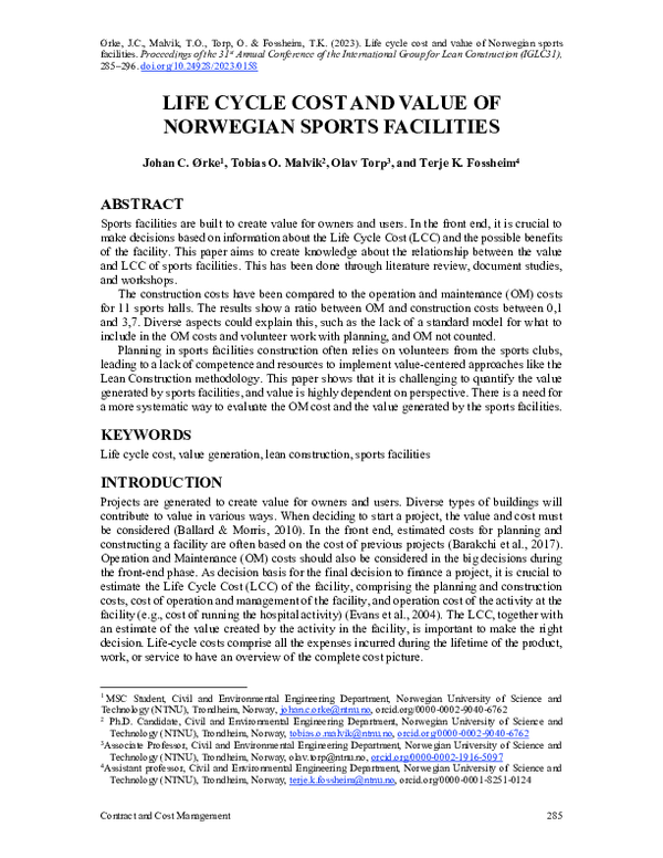 First page of “Life Cycle Cost and Value of Norwegian Sports Facilities”