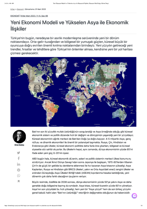 First page of “Yeni Ekonomi Modeli ve Yükselen Asya ile Ekonomik İlişkiler”