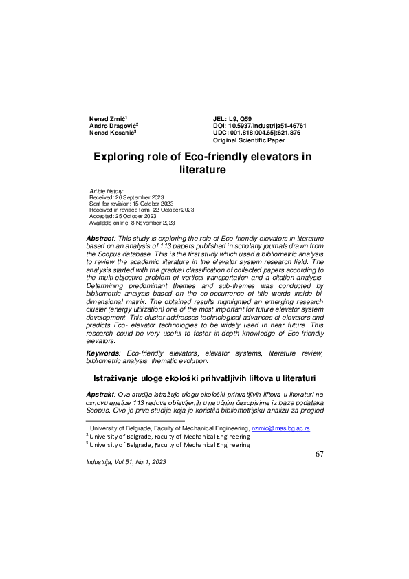 First page of “Exploring role of Eco-friendly elevators in literature”