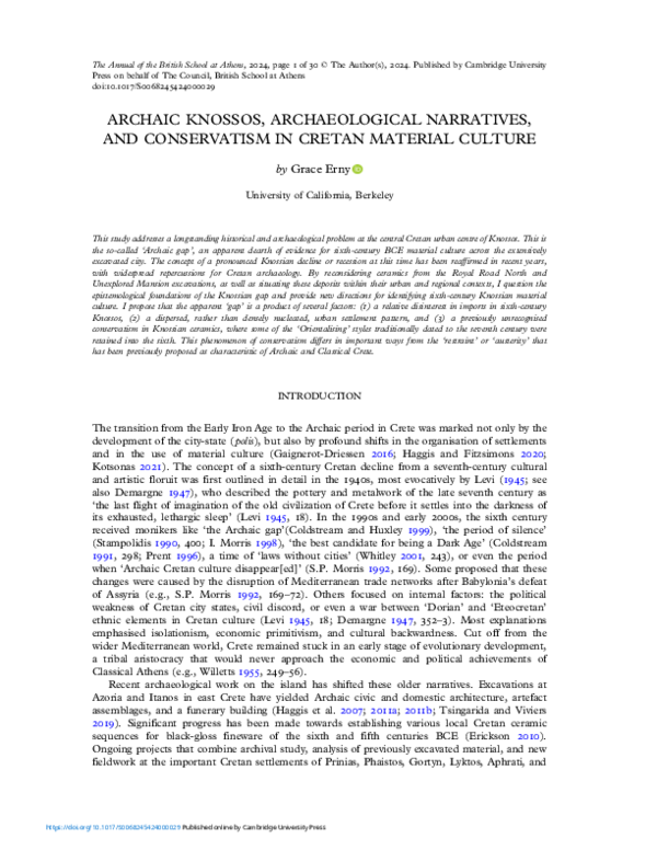 First page of “Archaic Knossos, Archaeological Narratives, and Conservatism in Cretan Material Culture”