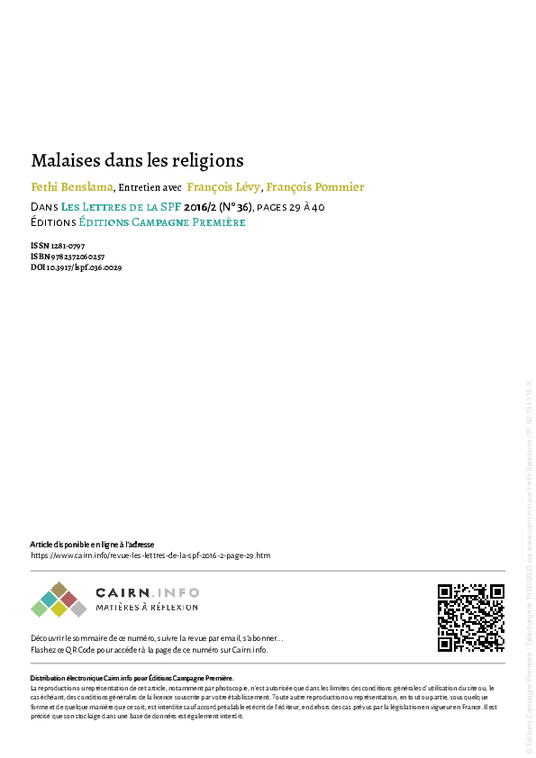 First page of “Malaises dans les religions”