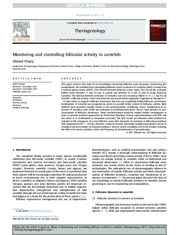 First page of “Monitoring and controlling follicular activity in camelids”