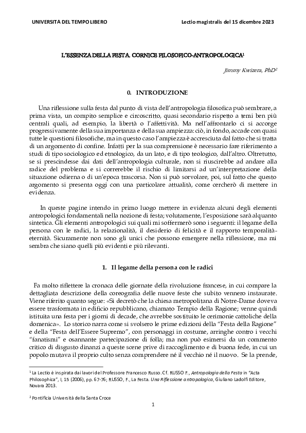 First page of “L'ESSENZA DELLA FESTA. CORNICE FILOSOFICO-ANTROPOLOGICA”