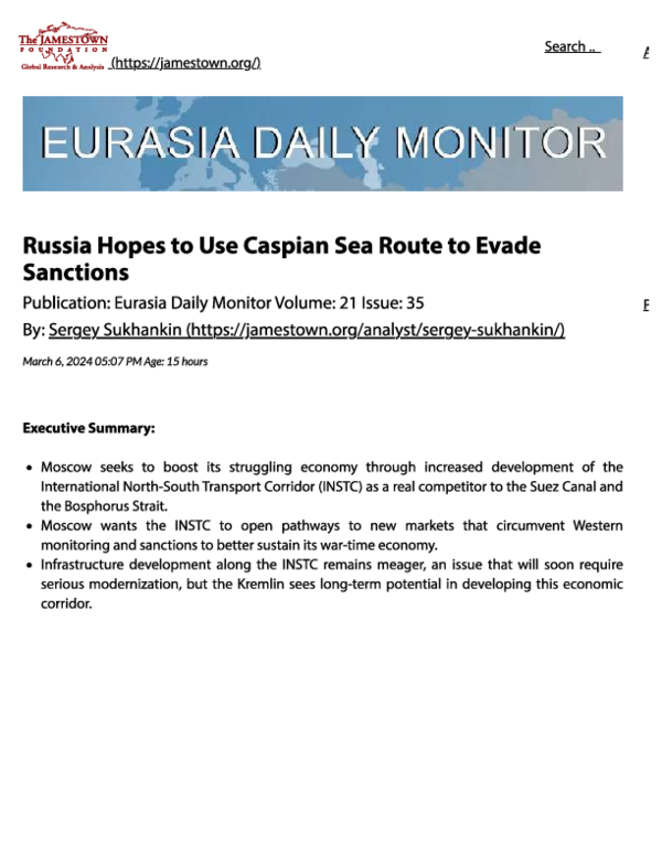 First page of “Russia Hopes to Use Caspian Sea Route to Evade Sanctions”