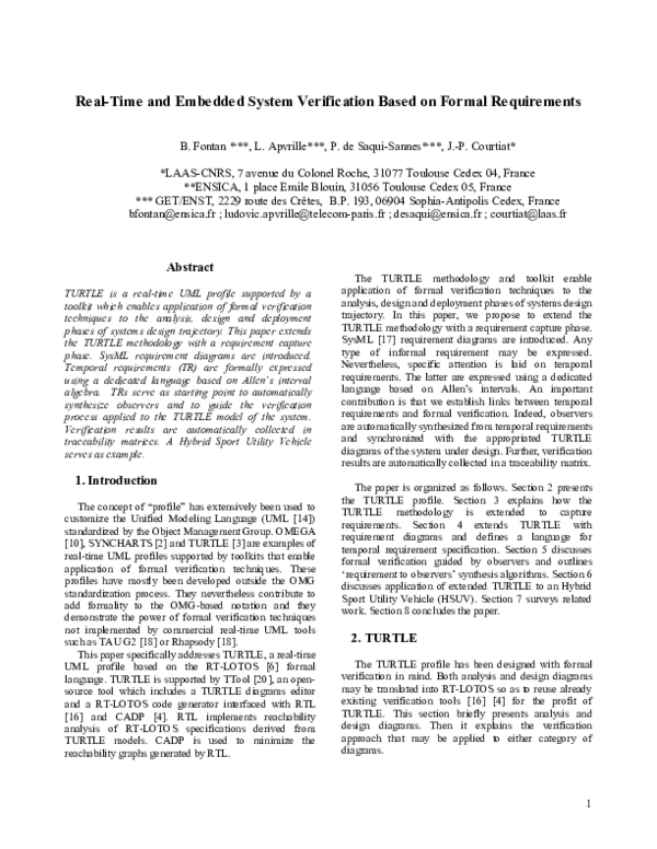 First page of “Real-Time and Embedded System Verification Based on Formal Requirements”