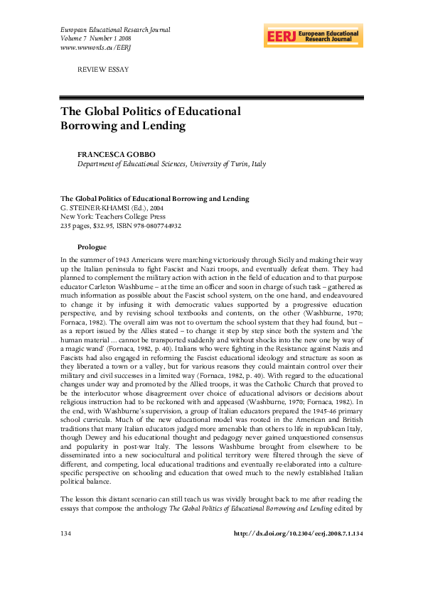 First page of “The Global Politics of Educational Borrowing and Lending”