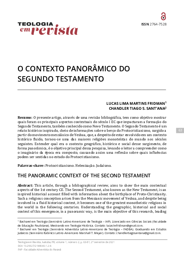 First page of “O Contexto Panorâmico do Segundo Testamento”