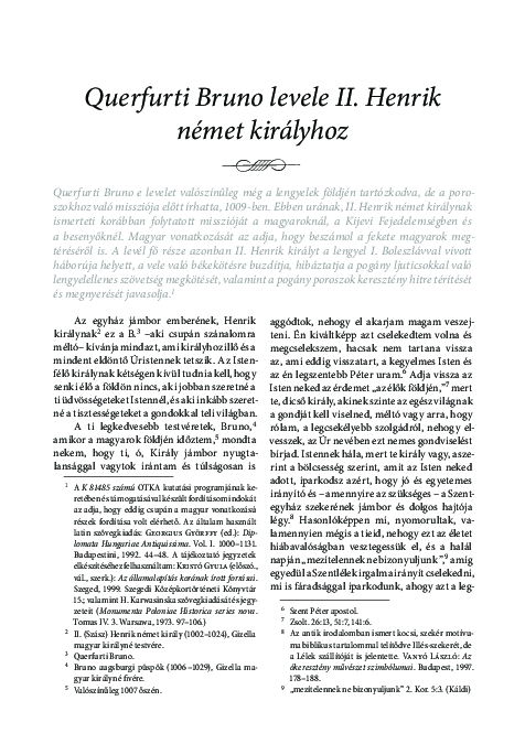 First page of “Querfurti Bruno levele II. Henrik német királyhoz. Belvedere Meridionale 2012/4.”